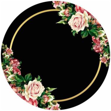 Imagem de Painel De Tecido Sublimado Redondo Flores e Rosas Aros Dourados C/Elás