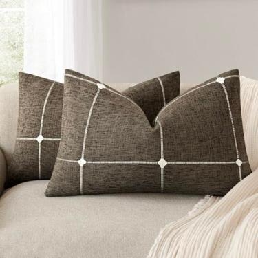 Imagem de Foindtower Pacote com 2 fronhas decorativas de linho falso jacquard xadrez capa de almofada lombar com grade texturizada para sofá, sala de estar, decoração de casa, 30 x 50 cm, marrom