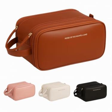 Imagem de Necessaire Bolsa Organizadora de Maquiagem Couro Sintético Grande Capacidade com Duas Camadas, Alça Lateral, Divisórias Internas e Suporte para Pincéis – Ideal para Viagem (Marrom)