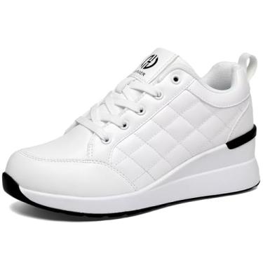 Imagem de JEBUKTXE Tênis feminino tipo plataforma, antiderrapante, respirável, salto alto para todas as estações, E2 branco, 35