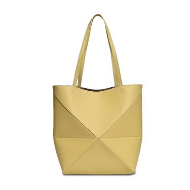 Imagem de Bolsa feminina de couro legítimo, bolsa de trabalho geométrica dobrável, bolsas de grande capacidade para viagens, Amarelo, One Size