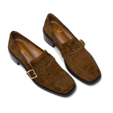 Imagem de MOOMMO Mocassins Femininos Clássicos Penny Fechados Bico Quadrado Patenteado Mocassins de Salto Baixo Fivela de Metal 5 cm Salto Grosso Confortável Escritório Senhoras Clássico Mocassim Tamanho 4-9 M