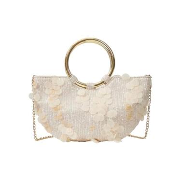 Imagem de QWINEE Bolsas femininas de lantejoulas brilhantes com alça redonda com glitter bolsas elegantes para festa noturna com corrente, Damasco, one_size