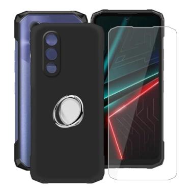 Imagem de YQINHHME Capa preta para Doogee Blade 20 (16.8 cm) com 1 x vidro temperado + suporte de anel de metal para celular de 360°, capa fina de silicone macio de grau militar TPU à prova de choque para