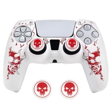 Imagem de Capa de controle de caveira com chifre compatível com controle PS5/Playstation 5, capa protetora RALAN com alça de polegar personalizada