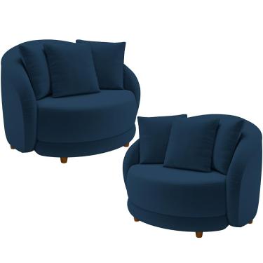 Imagem de Kit 02 Poltronas Decorativas Para Sala de Estar Base Fixa Pés Madeira Witta M03 Veludo Azul - Lyam Decor
