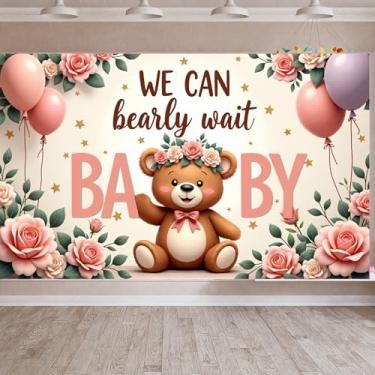 Imagem de Urso de pelúcia floral para recém-nascido anúncio de urso de pelúcia bandeira balões rosa decoração de berçário para reunião de família sessão de fotos
