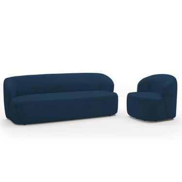 Imagem de Sofá 2 Lugares 170cm Com Poltrona Giratória Orgânica Heidy F04 Veludo Azul - Lyam Decor
