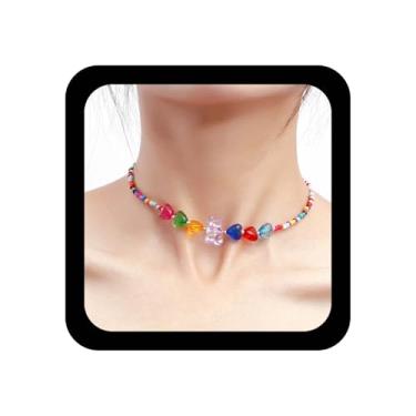 Imagem de Xduargs Colar gargantilha vintage com contas de arco-íris, colar com pingente de urso de acrílico, colar de coração de amor, colares coloridos de contas de arroz, joias femininas