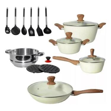 Imagem de Jogo De Panelas Cerâmica 18 Pçs Cabo Madeira Antiaderente - Quartzo St