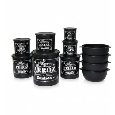 Imagem de Kit de Potes de Mantimentos 9 Peças Preto – Arroz, Feijão, Açúcar, Café, Sal + 4 Potes Redondos – Organização de Cozinha – Plástico Resistente