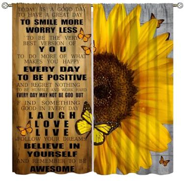 Imagem de SYZWWSYX Cortinas de girassol retrô, citações inspiradoras florais vintage com estampa de fundo de tábua de madeira para quarto, sala de estar, cozinha, janela, tratamentos, 106 x 113 cm