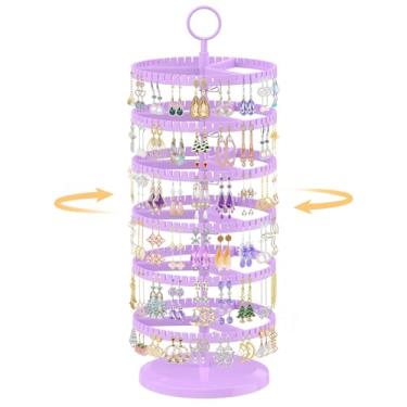 Imagem de EsLuker.ly Suporte de brinco organizador giratório para árvore com 342 compartimentos em U para mulheres, grande suporte de armazenamento de plástico ajustável de 6 níveis com bandeja de metal para