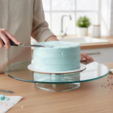 Imagem de Prato Giratório para Confeitaria, Base em Metal e Vidro Transparente, 30cm de Diâmetro, Movimento 360°, para Decoração de Bolos e Sobremesas