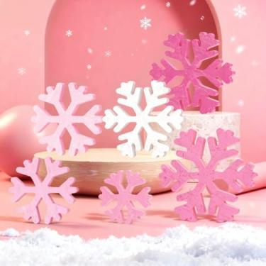 Imagem de 6 peças de decoração de mesa de Natal rosa floco de neve para interior, decorações de madeira rosa em pé de casa de fazenda rústica de inverno, bandeja em camadas, mesa de centro de mesa para casa