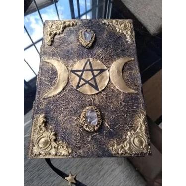 Imagem de Grimório Artesanal Místico com Triluna e Pentagrama, Livro das Sombras em Capa Dura, 120 Folhas Brancas, 15,5 x 22,5 cm, Decorado com Pedras Naturais