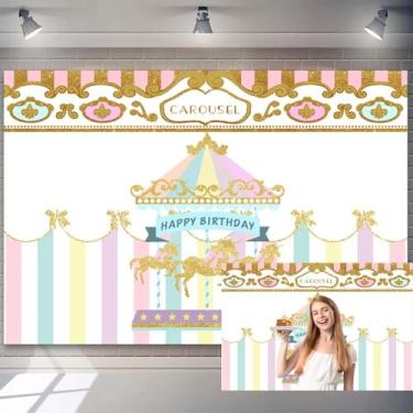 Imagem de Carrossel de 2,1 x 1,5 m, cenário de feliz aniversário, listras coloridas, carrossel dourado e fundo fotográfico para decoração de festa de 1º aniversário, faixa de mesa de bolo, adereços de cabine de