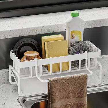Imagem de Suporte de esponja autodrenante para pia de cozinha, organizador de organizador de pia de aço inoxidável com suporte de pano, prateleira de secagem para bancada com economia de espaço (branco)