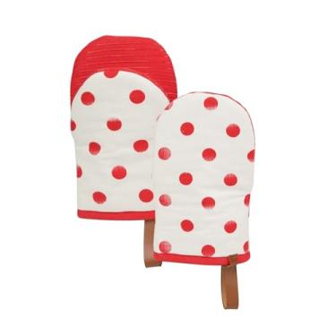 Imagem de Folkulture Mini luvas de forno resistentes ao calor | Conjunto de 2 luvas de forno curtas vermelhas com laço para pendurar | Luvas de forno 100% algodão | Luvas de cozinha de Natal, bolinhas pequenas
