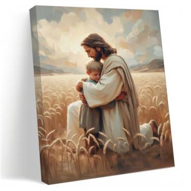 Imagem de Impressão em tela Jesus abraçando menino, decoração de parede cristã moderna pintura de versículo bíblico vintage impressão de Jesus para sala de estar, quarto, apartamento, escritório