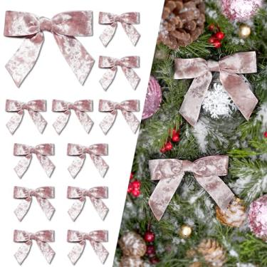 Imagem de LaRibbons 12 peças de laços de veludo esmagado rosa para árvore de Natal, porta, guirlanda, grinalda, 2,5 cm de largura, 10 cm x 9,4 cm