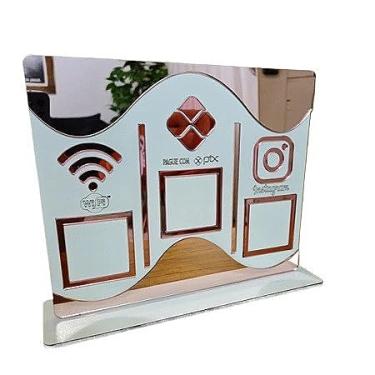 Imagem de Placa Display de Mesa e Balcão para QR Code WIFI PIX INSTAGRAM no MDF Branco e Acrílico Espelhado(Rosé)