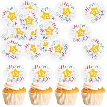 Imagem de Cyodoos 40 peças de enfeite de cupcake comestível de 6 meses Happy 1/2 decorações de bolo de aniversário para bebê, suprimentos de festa de meio aniversário com glitter de ouro rosa para chá de bebê