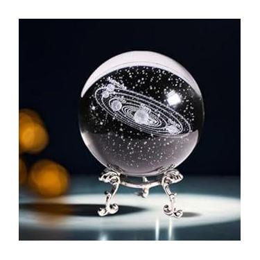 Imagem de Bola de cristal gravada a laser 3D com design de sistema solar, ornamento de esfera de vidro com suporte, decoração criativa para casa e presente de aniversário