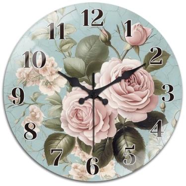 Imagem de peacoblue Relógios de parede operados por bateria rosas 30 cm vidro redondo relógio de parede sem tique-taque para cozinha, sala de estar, sala de jantar, quarto e banheiro acessórios de decoração