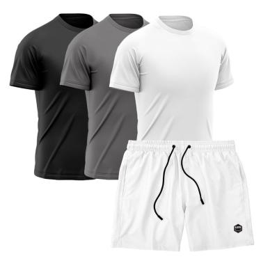 Imagem de Kit 3 Camisetas Dry Treino Fitness Academia + Short Bermuda Branco-Masculino