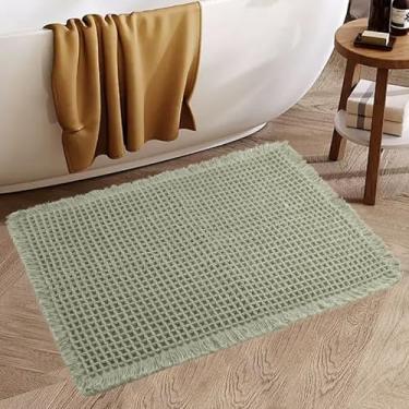 Imagem de Insun Tapete de banho waffle, tapete de banheiro antiderrapante absorvente de secagem rápida, tapete de banho de malha lavável na máquina com borlas verde sálvia 43 x 61 cm
