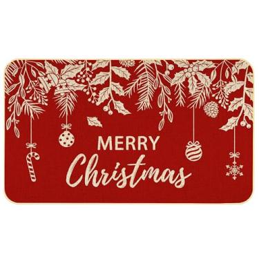 Imagem de soheioue Tapete de porta de Natal vermelho para entrada externa/interna tapete de boas-vindas antiderrapante decoração de casa de inverno 43 x 73 cm