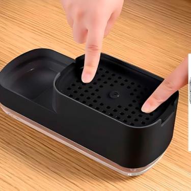 Imagem de Dispenser Porta Detergente 2 em 1, Preto, Plástico, 385ml, 10x8x23cm, com Suporte para Esponja