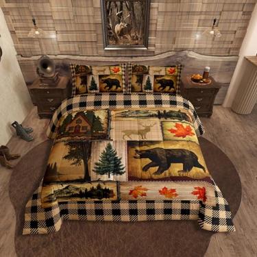 Imagem de Erosebridal Conjunto de cama queen com cabana de urso, casa de fazenda de Natal, para crianças, meninos e meninas, roupa de cama ocidental, animais da floresta rústica, animais selvagens, caça,