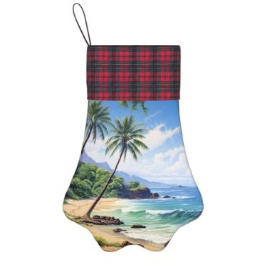 Imagem de SKKNT Praia havaiana com palmeiras estampadas meias de Natal animais de estimação decoração de natal cães gatos árvore decoração doce presente conveniente