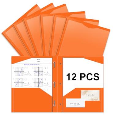 Imagem de Briartw Pasta de plástico resistente com garras para papel tamanho carta - pacote com 12 pastas de arquivo laranja com bolso frontal transparente - 2 bolsos e 3 pontas, bem como 2 compartimentos para