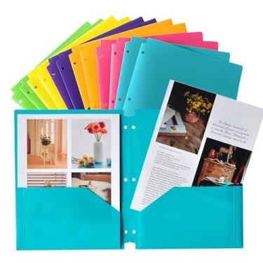 Imagem de Seashell Pacote com 12 pastas de plástico com 3 furos com dois bolsos, 2 pastas de bolso resistentes com compartimento para cartão de visita para papel tamanho carta, cores sortidas, para uso no