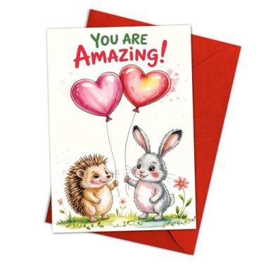 Imagem de Podagree Coelhinho e ouriço "You Are Amazing" Cartão de felicitações com balões de coração, adorável cartão de encorajamento animal para crianças adultos, cartão de amizade doce e edificante 20 x 13