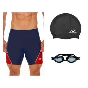 Imagem de Kit Bermuda Natação Esportiva Óculos Uv E Touca Silicone (Marinho/Vermelho - Óculos/Touca Preto, GG)