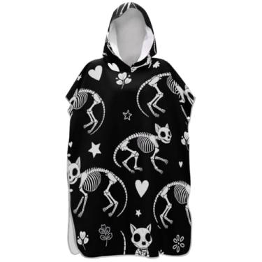 Imagem de Joisal Poncho de surfe preto esqueletos de gato branco para trocador de roupas de banho de praia com capuz ponchos adultos vestíveis para mulheres