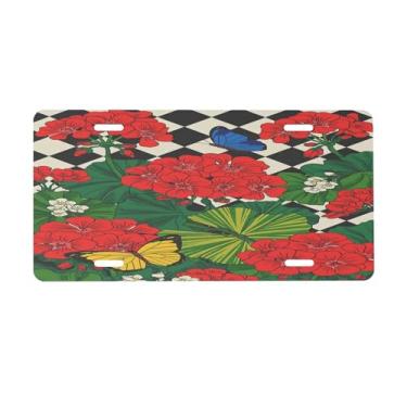 Imagem de Placa de licença de flores vermelhas primavera para frente do carro placas de carro alumínio metal adequado para caminhão placa de porta de carro bar café acessórios automotivos para homens mulheres