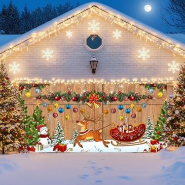 Imagem de Capa rústica de Natal para porta de garagem pano de fundo de textura de madeira grande com design de presentes de boneco de neve faixa decorativa de inverno interno e externo decoração de férias para