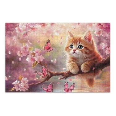 Imagem de Quebra-cabeça para adultos 500 peças divertido gato fofo rosa flor de cerejeira presentes quebra-cabeça exclusivo jogo de brinquedo obra de arte, 51 x 37 centímetros