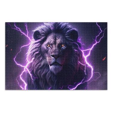Imagem de Quebra-cabeças para adultos 1000 peças arte de pintura animal brinquedo adulto divertido leão preto roxo relâmpago engraçado presentes de jogo de quebra-cabeça, 75 x 40 cm
