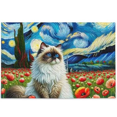 Imagem de Ragdoll Quebra-cabeça de papoula gato noite estrelada para adultos 1000 peças natureza paisagem arte animal arte quebra-cabeças duros presentes personalizados para amantes de quebra-cabeças, 75 cm x