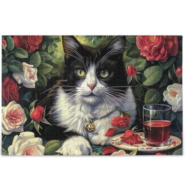 Imagem de Quebra-cabeça de rosas personalizadas flores de gato 500 peças adultos presentes engraçados tecnologia jogo paisagem cena quebra-cabeça animal arte floral, 52 cm x 37,8 cm