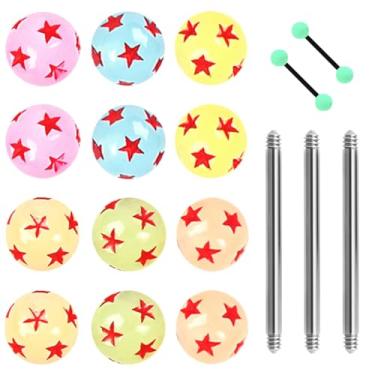 Imagem de Heuvipens GLOW IN THE DARK Bola de acrílico UV multicolorida 3D padrão estrela 14G língua titânio barra anel de barra conjunto de joias DIY piercing