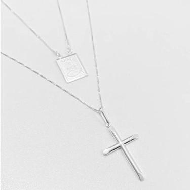Imagem de 2 Corrente Prata Legítima 925 Placa E Crucifixo 45cm E 50 Cm - Lojas L