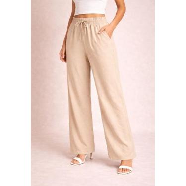 Imagem de Calça Pantalona Feminina em Linho com Cós Elástico e Bolsos Laterais -