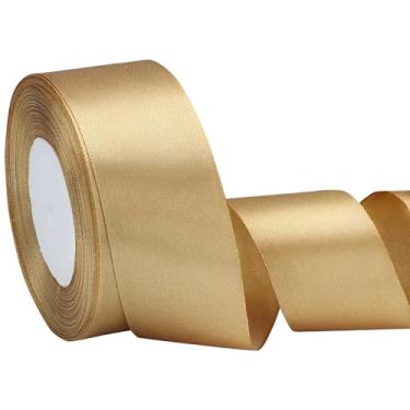 Imagem de EUSOAR Fita dourada, 1 rolo de 3,8 cm x 25 m, fita de cetim de tecido, fitas de seda sólida para artesanato, embrulho de presente, buquês de flores, convite feito à mão, decoração de casa, laço de chá